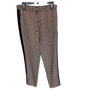 Vince‎ Diagonal Print Silk Strapping Pants Brown Black Drawstring Tapered MEDIUM